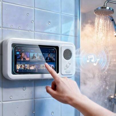 Waterproof Phone Holder For Shower With Speaker - Built-In Smart Bluetooth Speaker,100% Waterproof/Fog-Resistant For Any Phone,Shower Phone Holder Waterproof,100% Secure Attachment Any Surface