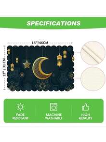 热销 1/4/6 件套开斋节斋月波浪边餐垫套装 | 12*18 英寸黑金月亮图案，适用于餐桌、餐厅、生日派对和用餐装饰，亚麻材质，可手洗和机洗 - 彩色 - 查看 4