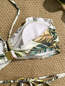 Conjunto de biquíni feminino de duas peças com estampa tropical, elegante e casual, com detalhes coloridos em miçangas, ideal para praia, formatura ou férias. - Multicolorido - Ver 5