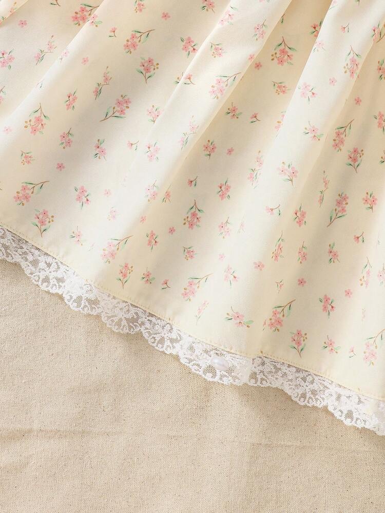 Young Girls' Fresh Ditsy Floral Waist Ruffle Puff Sleeve Casual Dress, Spring/Summer - Apricot - View 5