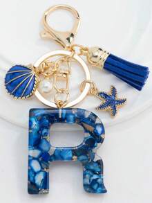 1PC Boho Nautical 26-Letter Resin Keychain - Blue & Golden Initial Pendant With Starfish/Shell/Tassel Charms, Fashionable Key Ring & Couple Bag/Backpack/Beach Bag Charm, Ideal Holiday Gift For Valentine's Day/Birthdays/Parties - Royal Blue - View 6