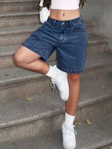 Women's Fashion Cotton Blend Solid Color Knee-Length Denim Shorts, Casual Retro Style, Suitable For All Seasons - 中等水洗藍 - 查看 3