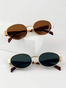 Oval Personalized Metal Small Round Fashion Fashion Glasses - Black+Brown - View 9