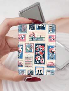 1个折叠式化妆镜，便携式小巧化妆镜，油画风格艺术装饰，轻便耐用的PU皮革，适合各种场合和人群