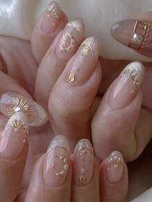 Bộ 24 móng giả ngắn hình hạnh nhân kiểu Pháp, trang trí họa tiết trăng sao 3D vàng, đầu móng bóng loáng điểm xuyết ngọc trai, keo dán tái sử dụng, màu nude. - Nhiều màu - Xem 1