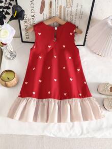 夏季女童无袖连衣裙，爱心印花，蝴蝶结领，撞色荷叶边下摆，宽松版型，甜美公主风，透气轻盈 - 紅色 - 查看 2