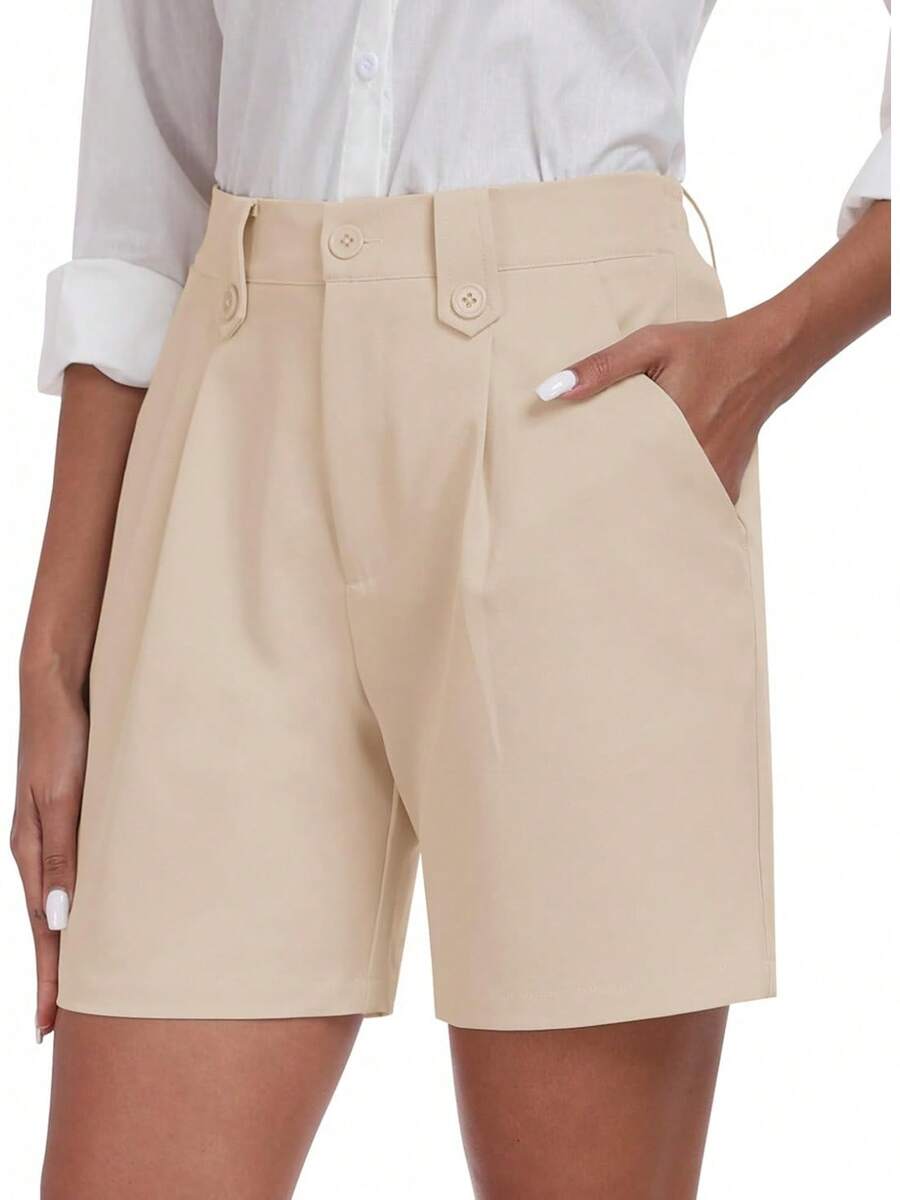 Dress Shorts Women Business Casual Summer Pleated Tailored Elastic Waist Work Office Trouser Shorts With PocketsA Valentine's Day LOS7 - 淺卡其色 - 查看 1