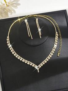3pcs Bridal Jewelry Set, V-Shaped Design Korean Style Diamond Necklace, Earrings, Copper Material, Suitable For Formal Occasions, Party Dresses, Weddings, Daily Wear (Suitable For Valentine's Day/Carnival) - Multicolor - View 2