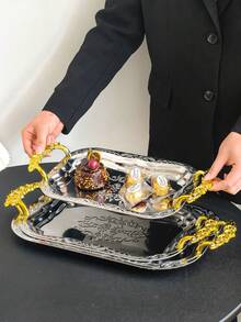 1pc French Style Gold Flower Handle Silver Stainless Steel Embossed Square Serving Tray, Luxury Fruit Plate, Cake Dessert Platter, Living Room Coffee Table Household Glass Rectangular Plate - Multicolor - View 8