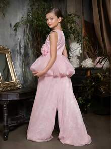 Conjunto de 2 piezas de vestido de fiesta sin mangas con flores 3D de tul para niña preadolescente, adecuado para fiestas de cumpleaños, bodas, damas de honor, celebraciones festivas - Rosa - Ver 7