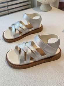 Girls' Easy-To-Wear Sandals With Hook And Loop Ankle Strap And Criss-Cross Straps - Silver - View 4