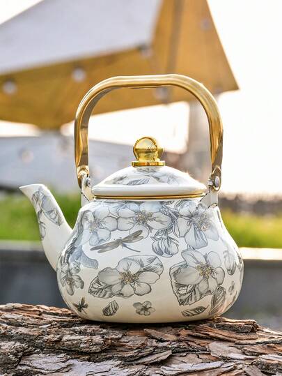 1 Stück Teekanne aus Emaille mit Blumenmuster, großer Kaffeekocher mit Griff, Ölkanne mit schmalem Ausguss, geeignet für Elektro- und Gasherd zum Brühen von Kaffee oder Tee