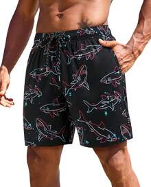 7inch Mens Swim Trunks: 2 In 1 With Compression Liner Stretch Quick Dry Drawstring Shark Pockets Beach Pool VacationA Valentine's Day 976M - Black Bottomed Shark - View 1