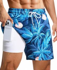 Bañador de hombre de 4 pulgadas: Con forro de compresión, bolsillo con cremallera, cordón, secado rápido, elástico, estampado de árbol para playa y piscina. Un regalo de San Valentín HZTD - Hoja de palma azul-1 - Ver 1