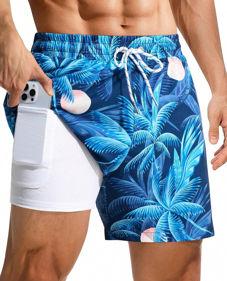 Bañador de hombre de 4 pulgadas: Con forro de compresión, bolsillo con cremallera, cordón, secado rápido, elástico, estampado de árbol para playa y piscina. Un regalo de San Valentín HZTD - Hoja de palma azul-1 - Ver 1