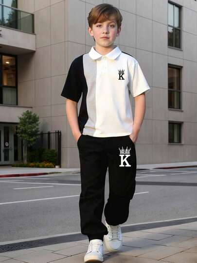 Tween Boy Cartoon Print Polo Shirt And Pants Set