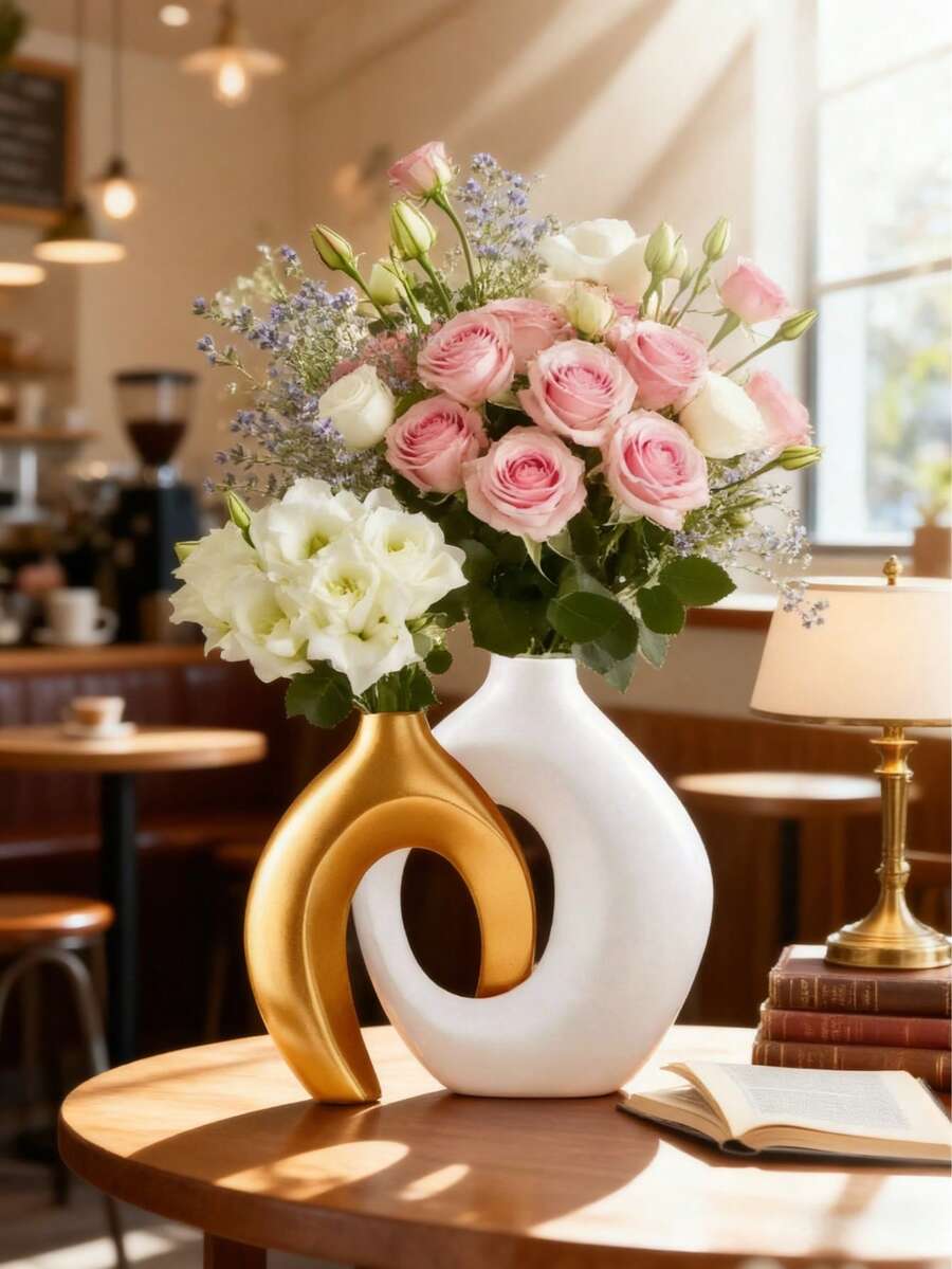 两件套现代白色金色花瓶 - 2 个花环造型的现代简约装饰花瓶，适用于客厅、玄关、书架、壁炉架、中心装饰，非常适合插干花和绿植，节日装饰 - 多色B - 查看 1