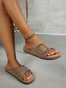 Sandal đế bằng thời trang thường ngày đa năng dành cho nữ, có hỗ trợ vòm chân và khóa điều chỉnh, chống mài mòn, chống trơn trượt, mũi tròn, quai đơn. - Nâu nhạt - Xem 5