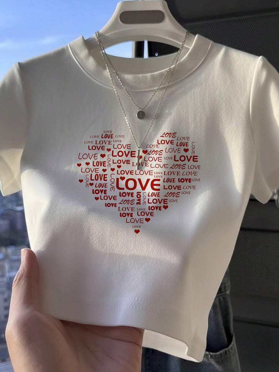 心形字母印花白色短袖休闲T恤 - 白色 - 查看 1