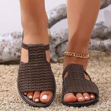 女士编织时尚拖鞋，平底休闲鞋，舒适休闲室内/室外沙滩圆头凉鞋，夏季必备 - 咖啡棕 - 查看 15