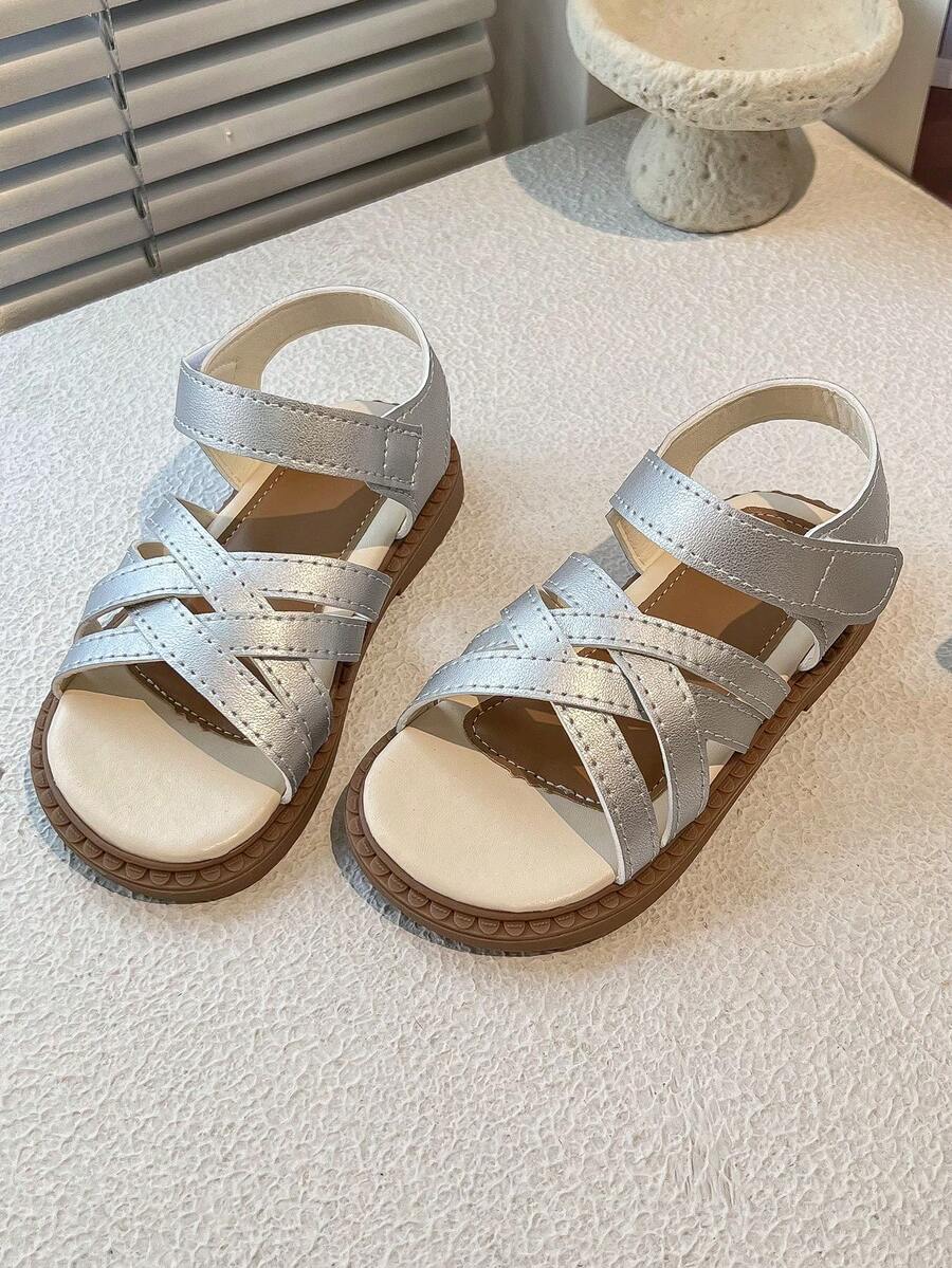 Girls' Easy-To-Wear Sandals With Hook And Loop Ankle Strap And Criss-Cross Straps - Silver - View 1