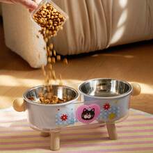 1pc Cute Cartoon Pet Feeding Double Bowl, Neck-Protecting Raised Stand, Anti-Slip Anti-Spill Pet Bowl - 500ml - View 2