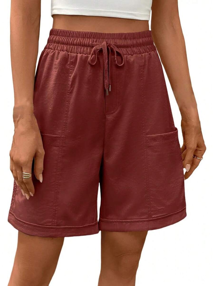 Women's Bermuda Long Shorts Summer 8'' High Waisted Casual Short Elastic Drawstring Pull On Short With PocketA Valentine's Day AROE - Cà phê - Xem 1