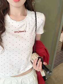 Polka Dot Round Neck Short Sleeve T-Shirt For Women, Fitted Summer Top Spring Casual White - White - View 2