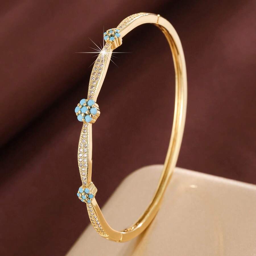 1件 优雅花卉图案设计 立方氧化锆镶嵌 女士时尚手链 - 彩色 - 查看 1