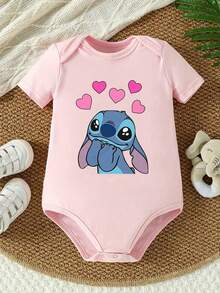 Disney Baby Clothing, Newborn  - Unisex - Valentine's Day Theme Disney Stitch Heart Print - Crawling & Toddling Set - Summer Outdoor Casual Crewneck Crawling Coverall With Triangle Hem Design - Summer Essential - Playful & Fun - Adorably Cute - Perfect Holiday Gift For Infants & Toddlers - Pink - View 3