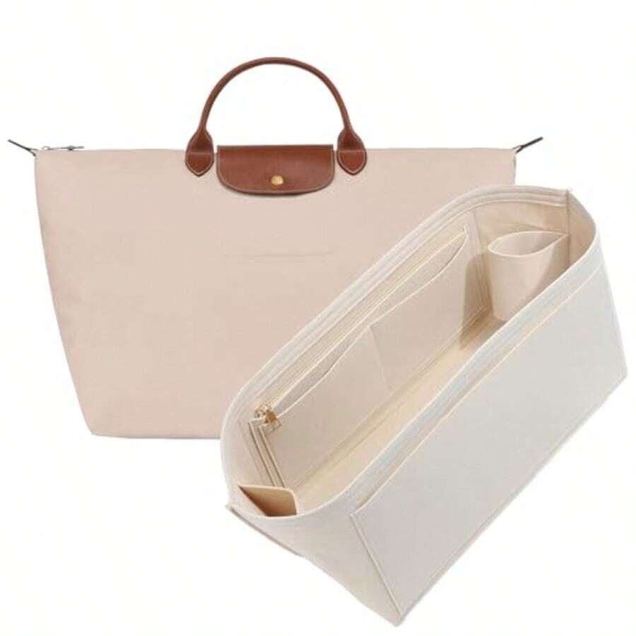 Purse Organizer Insert For  Le Pliage L Tote Bag Felt Lightweight Long Champ Large Tote Divider Shaper With Cup Holder Zipper Bags Inner Linner With 8 Deepened Pockets L/Beige - Màu be - Xem 1
