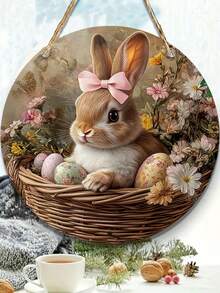2D Flat Round Wooden Sign Wall Decor, 1pc, Personalized Vintage Easter Bunny Theme Wooden Sign, Bar Kitchen Cafe Sign, Suitable For Home, Living Room, Office, Party Decor, Perfect Gift For Friends (10x10 Inch/12x12 Inch) - Multicolor - View 1