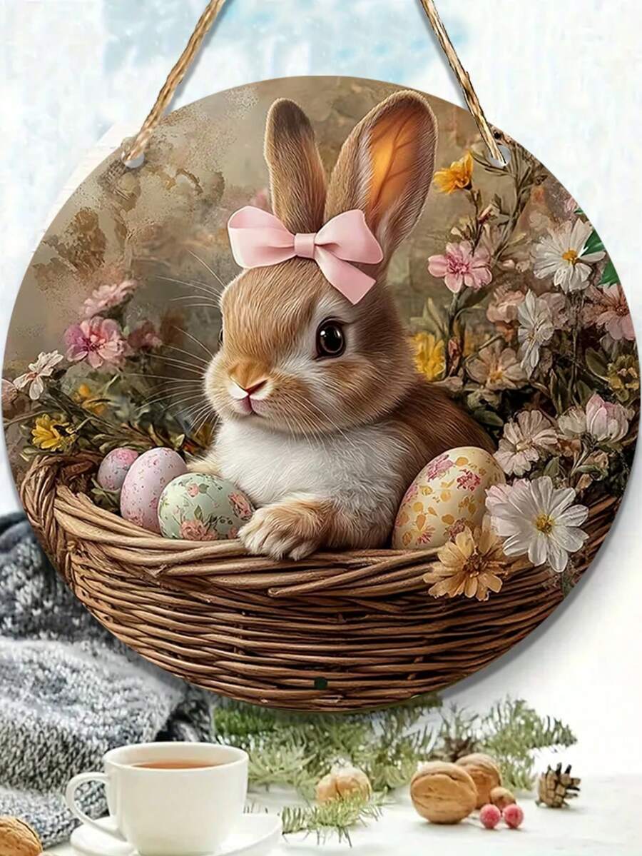 2D Flat Round Wooden Sign Wall Decor, 1pc, Personalized Vintage Easter Bunny Theme Wooden Sign, Bar Kitchen Cafe Sign, Suitable For Home, Living Room, Office, Party Decor, Perfect Gift For Friends (10x10 Inch/12x12 Inch) - Multicolor - View 1