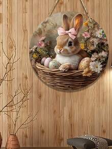 2D Flat Round Wooden Sign Wall Decor, 1pc, Personalized Vintage Easter Bunny Theme Wooden Sign, Bar Kitchen Cafe Sign, Suitable For Home, Living Room, Office, Party Decor, Perfect Gift For Friends (10x10 Inch/12x12 Inch) - Multicolor - View 3