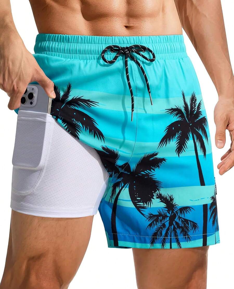 4inch Mens Swim Trunks: With Compression Liner Zipper Pocket Drawstring Quick Dry Stretch Lined Tree Beach PoolA Valentine's Day HZTD - Blue Striped Tree - View 1