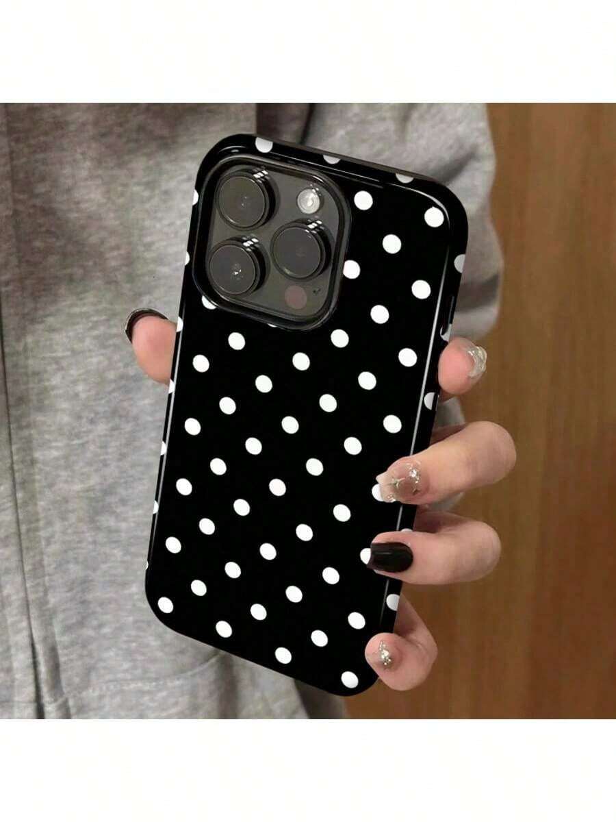 GIIPPA Black Bottom Hard Shell Simple White Polka Dot Full Cover Anti-Drop Personalized Apple Two-In-One Fashion Mobile Phone Case Compatible With Iphone16pro,15,14,13,12,11Promax,7/8plus - Black - View 1