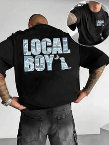 180g High-Quality 100% Cotton T-Shirt, Blue Camouflage Printing, American Outdoor Style Design, Loose And Comfortable, Is A  Item For Outdoor Lovers, Casual And Versatile, Machine Washable, Suitable For Daily Wear. - 黑色 - 查看 1