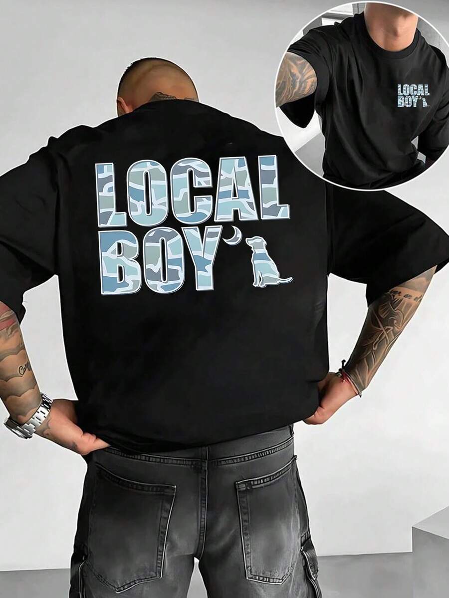 180g High-Quality 100% Cotton T-Shirt, Blue Camouflage Printing, American Outdoor Style Design, Loose And Comfortable, Is A Item For Outdoor Lovers, Casual And Versatile, Machine Washable, Suitable For Daily Wear. - 黑色 - 查看 1