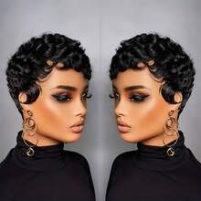 Pixie Cut Wig Wig For Women Human Hair Curly Wave Short Wig Human Hair For Black Women Black Pixie Wig For Women None Lace Front Full Machine Made Black With Brown, Black With Burgundy Colored Short Wigs For Black Women Layered Pixie Haircut Wigs With Bangs Human Hair - 彩色 - 查看 13