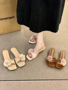 女士花卉低跟舒适沙滩户外多功能凉鞋，带蝴蝶结 - 杏色 - 查看 2