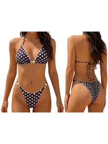 Women Polka Dot Bikini Sets Sexy Halter String Triangle High Cut Cheeky 2 Piece Bathing Suit - Brown - View 9