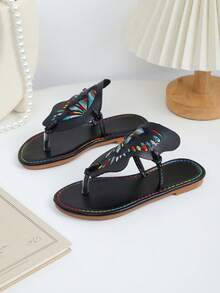 1双女童夏季时尚拖鞋，彩色蝴蝶翅膀设计，拼接工艺，百搭黑色，沙滩人字拖，适合日常穿着、沙滩派对