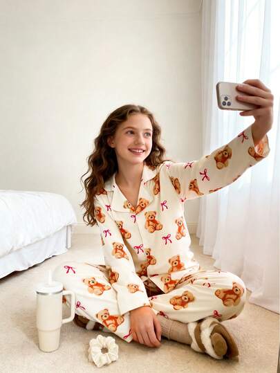 2pcs/Set Sweet & Fashionable Girls Pajama Set For Spring & Autumn, Cute Teddy Bear & Bow Print Long Sleeve Top And Pants, Beige Collar Button Suit, Soft & Comfortable, Suitable For Daily Loungewear, Relaxation, Sleepover Party And Cozy Nights, Also A Great Gift For Girls