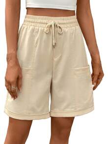 Women's Bermuda Long Shorts Summer 8'' High Waisted Casual Short Elastic Drawstring Pull On Short With PocketA Valentine's Day AROE - 黑色 - 查看 2