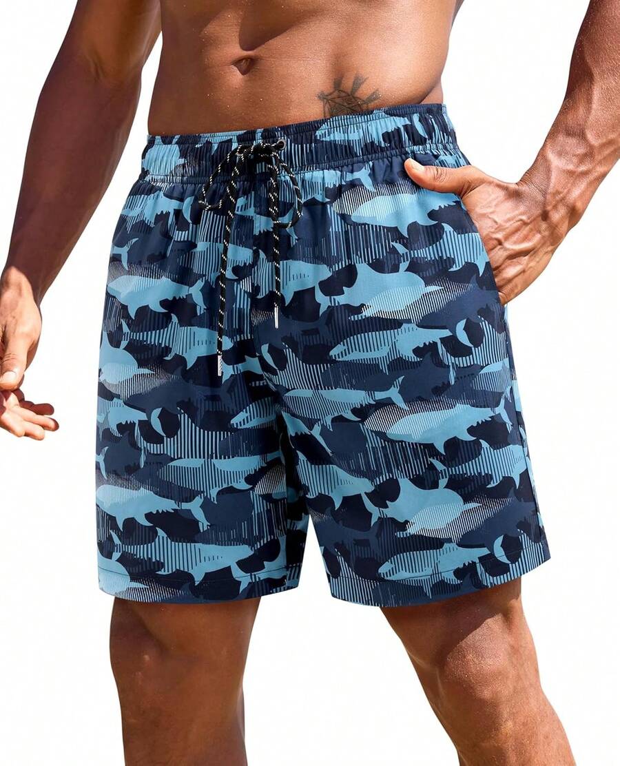 7inch Mens Swim Trunks: 2 In 1 With Compression Liner Stretch Quick Dry Drawstring Shark Pockets Beach Pool VacationA Valentine's Day 976M - Blue Bottomed Shark - View 1