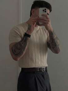 Jersey de punto de cuello redondo de manga corta acanalado para hombre, primavera/verano - Albaricoque - Ver 1