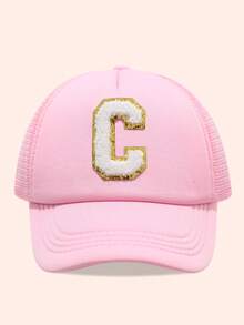 1顶粉色26字母印花网眼帽，儿童棒球帽，男女童遮阳帽，适合户外活动、日常佩戴，防晒 - 金標-粉紅海綿帽 - 查看 66