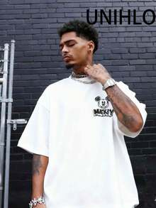 Disney UNIHLO  Street Life Men's Casual Loose  Mickey  Cartoon  Print Short Sleeve T-ShirtSummer - 白色 - 查看 2