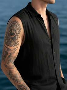 Bộ đồ nam bằng vải lanh nhẹ, kiểu dáng thường ngày, thích hợp cho hoạt động ngoài trời, gồm áo vest thời trang, áo sơ mi có cổ và quần, thích hợp cho mùa hè. - màu đen - Xem 6