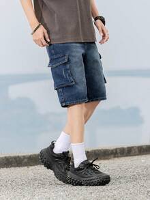 Teenage Boys' Casual Campus Fashion Straight Leg Denim Shorts, Versatile Streetwear - Medium Wash - View 4